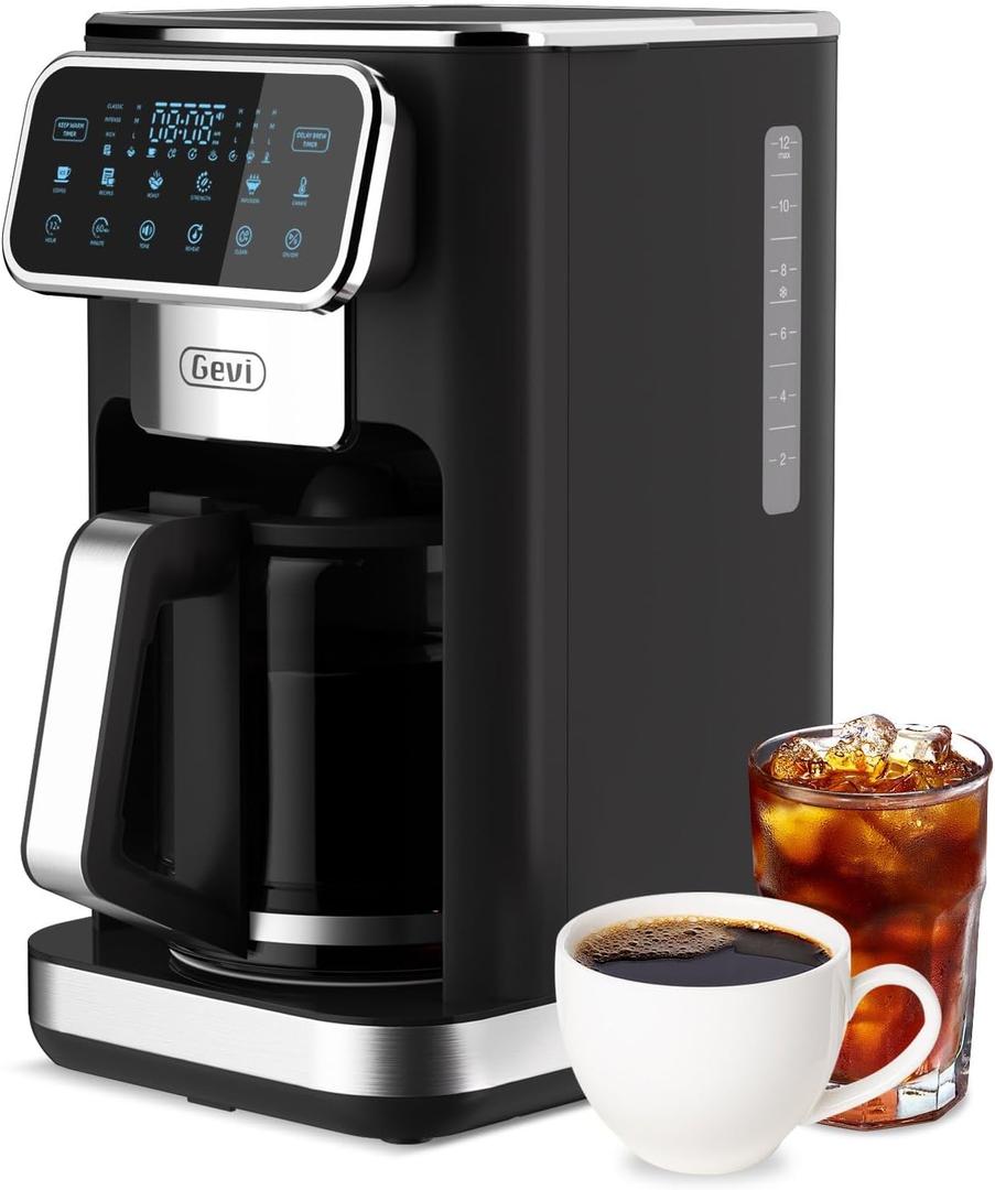 Gevi 12 Cup Programmable Drip Coffee Maker with Touch Screen, Fast and Strong Brew, Auto Shut-Off, 4-Hour Keep Warm Plate, Iced Coffee Option, Anti-Drip System, Permanent Filter (Black)