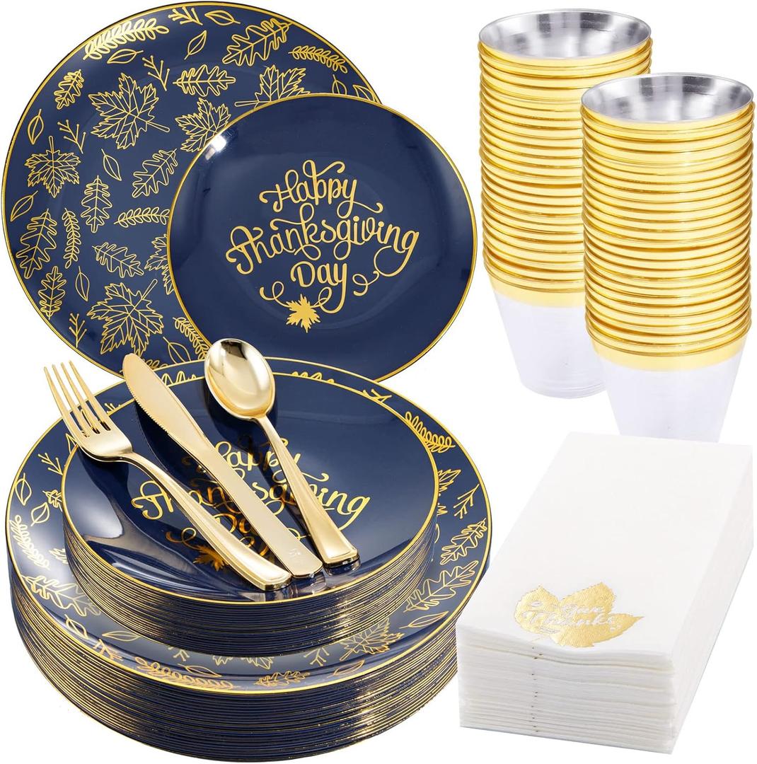 Morejoy 175PCS Thanksgiving Plastic Plates, Blue Gold Thanksgiving Dinnerware Sets Include: 25Dinner Plate, 25 Salad Plate, 25 Silverware Set, 25 Napkins, Fall Plates Disposable for thanksgiving Day