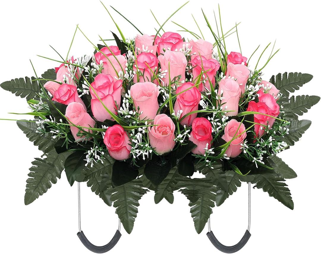 Artificial Cemetery Flower Headstone Flower Saddle Grave Rose Flowers for Cemetery Non-Bleed Colors Windpoof (Pink)