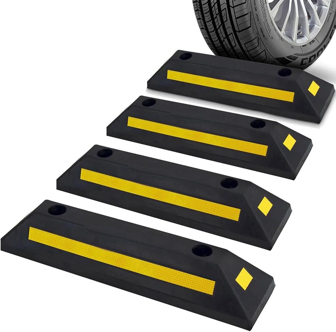 Pyle Curb Garage Vehicle Floor Safety Heavy Duty Rubber Parking Lot Driveway Stopper, for Car Vans Trucks Tire Wheel Guide Block Protect Bumper, 4 Pack PCRSTP11X4, Multicolored