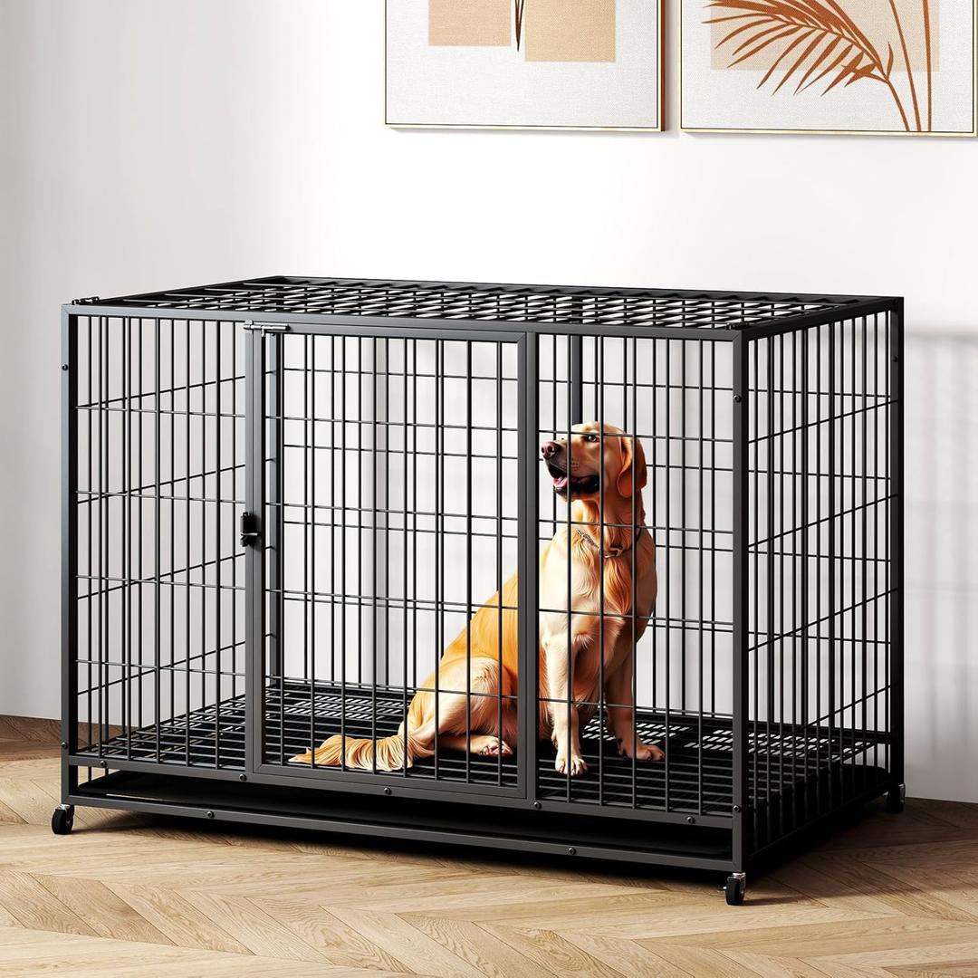 48 inch Metal Wire Dog Crate for Large Dogs with Tray, Double Door, Puppy Dog Playpen for Yard Indoor Outdoor Use, XL Dog Cage Kennel (47.2"L x 29.7"W x 32.7"H, Black)
