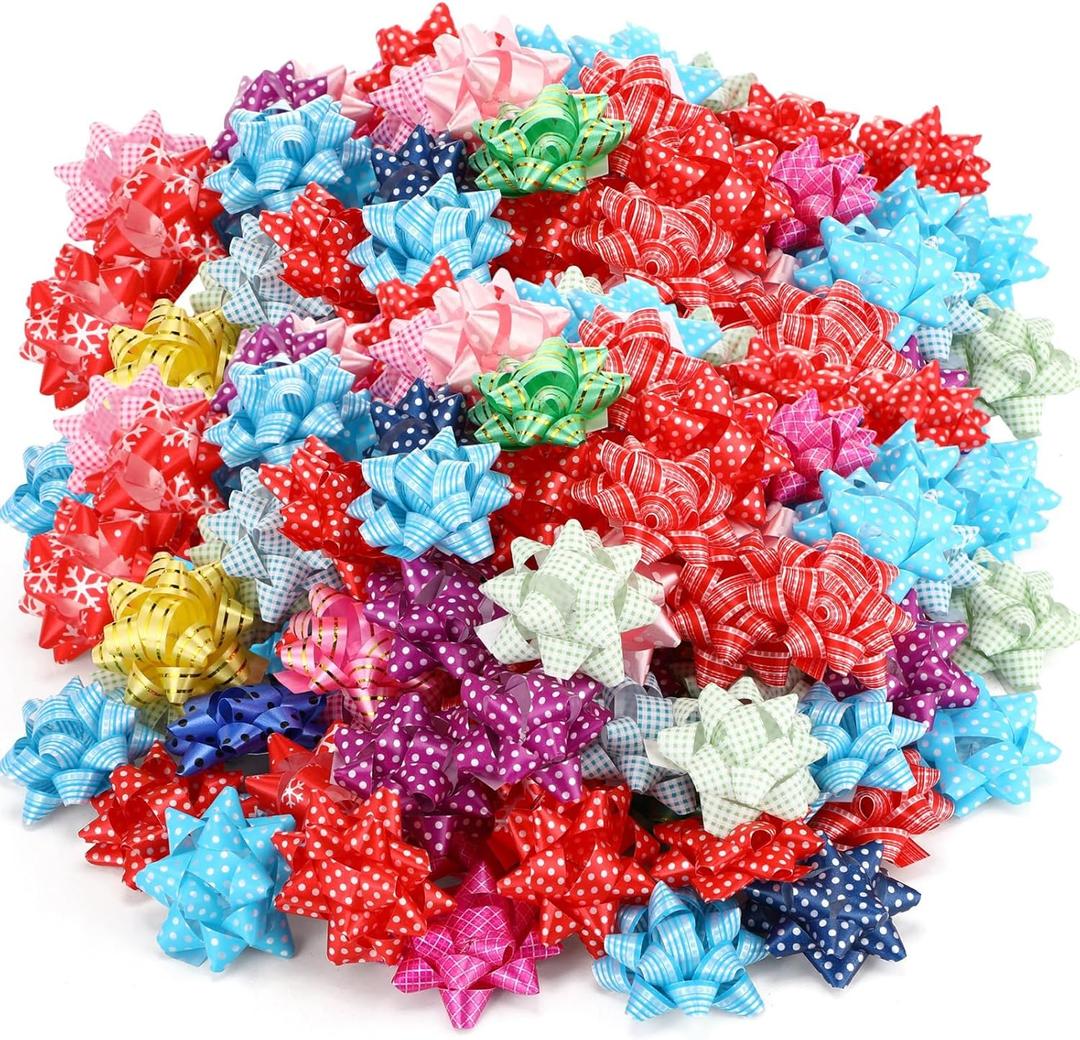 200 Pcs 2 inch Small Star Bows for Gift Wrapping Polka Dot Stripes Multicolor Present Christmas Self Adhesive Bows for Birthdays Parties Weddings Baby Showers