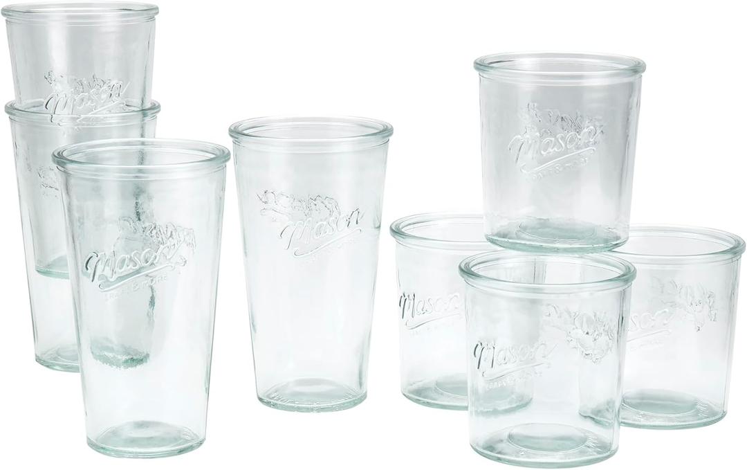 Mason Craft & More 8-Piece Glass Drinkware Set of Tall and Short Tumblers Glasses Set, 15 oz. (x4) & 20 oz. (x4)