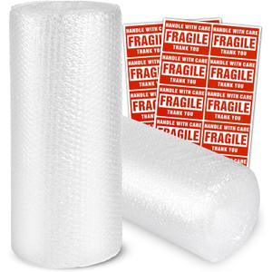 2-Pack Bubble Cushioning Wrap Rolls, 3/16" x 17" x 72' ft Total, Perforated 12" 20 Fragile Stickers for Shipping, Packaging, Mailing (Clear)