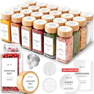EDELHAUS Square Spice Jars Set with Bamboo Lid (24 x 120 ml) Spice Shaker with Shaker Insert and 240 Labels White - Wooden Lid Spice Containers, Spice Jars, Spice Organiser [11 cm x 4.5 cm]