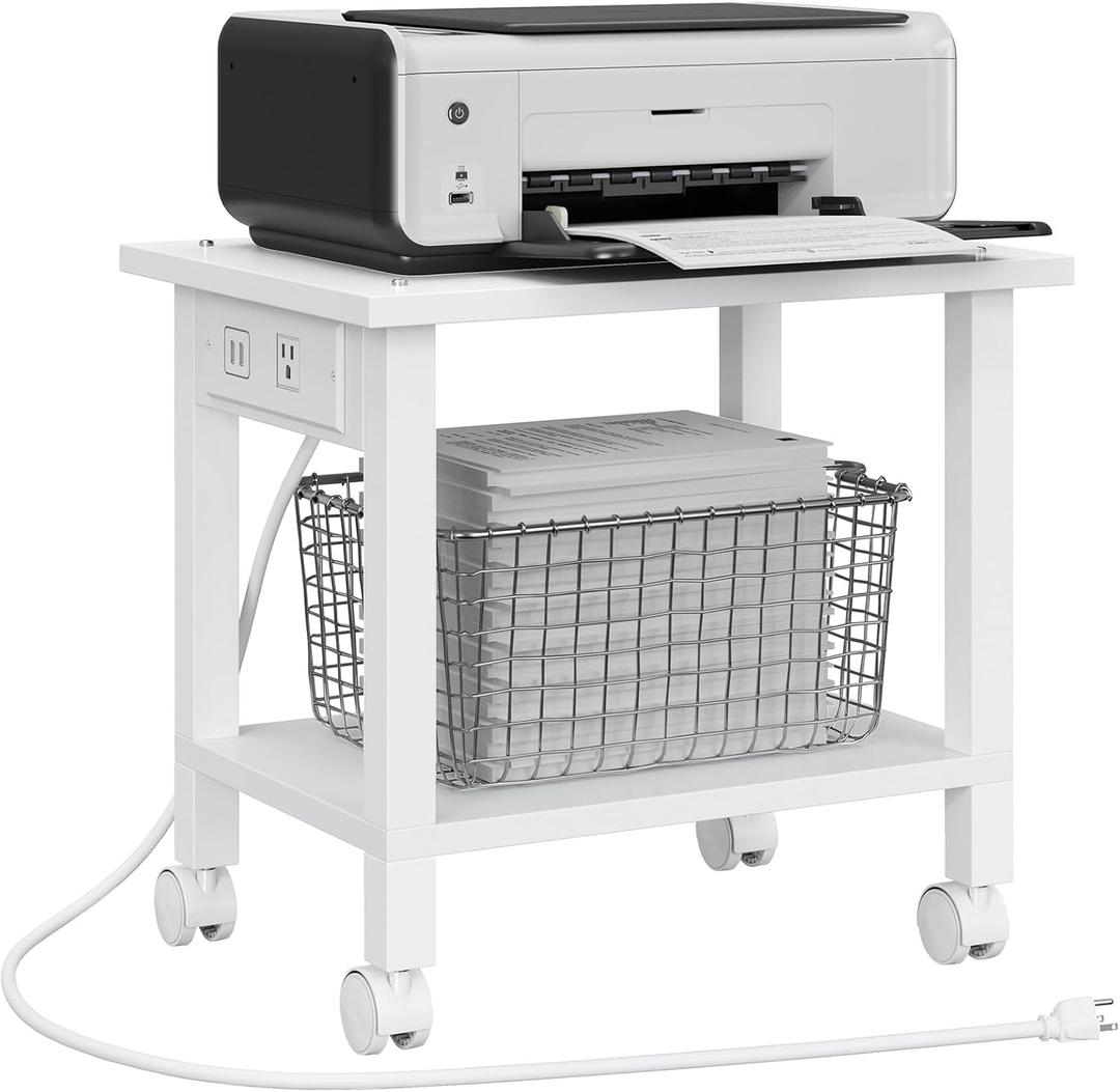 TUTOTAK 2 Tier Printer Stand, Rolling Printer Cart with Power Outlets and USB Ports, Mobile Printer Table with Wheels, for Under Desk, Office, Home, White PS01BW001