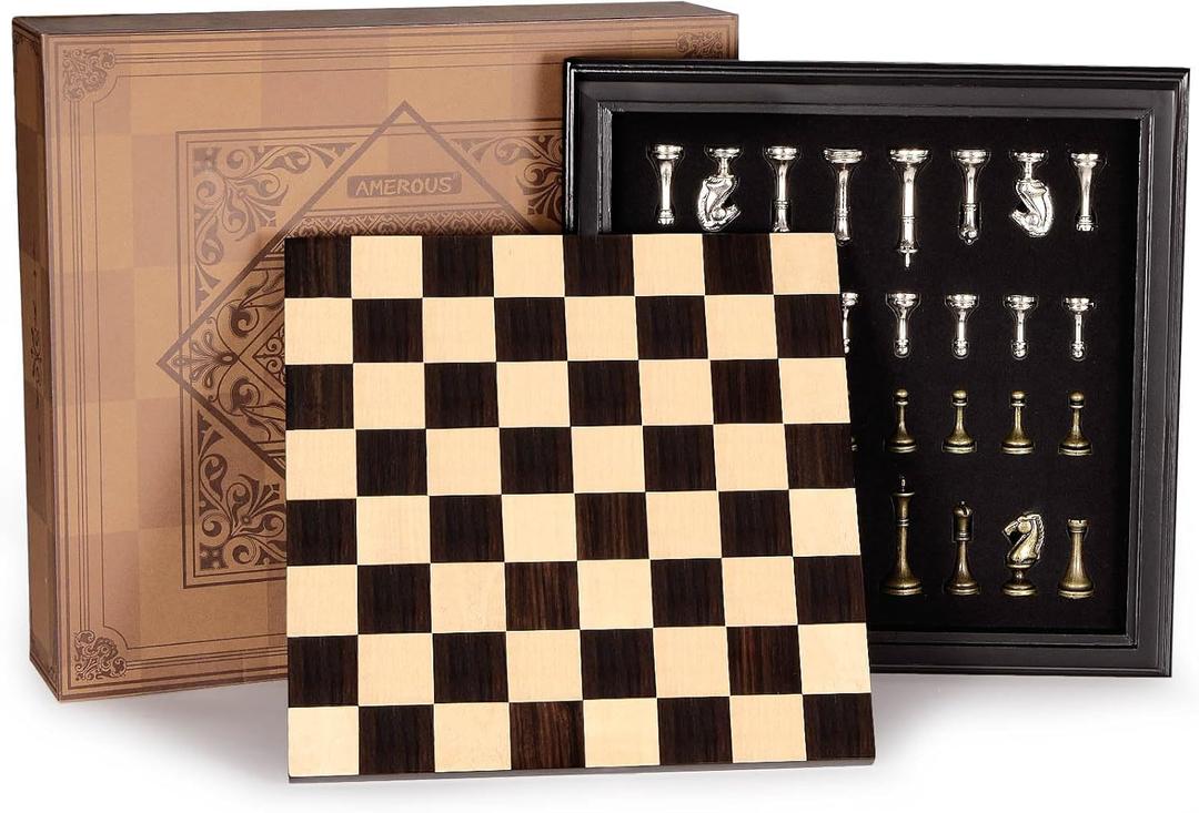 AMEROUS 12.5 inches Wooden Chess Set with Metal Chess PiecesClassic Board Game w/ 2.5'' King/Storage for Chessmen/Instructions, Chess Sets for Adults, Kids, Beginner