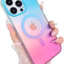Aesthetic Case for iPhone 13 Pro Max Case for Women Girls, Compatible with Magsafe, Cute Girly Trendy Glitter Sparkly Rainbow Magnetic Protective Phone Cover, Matte Iridescent Blue & Pink