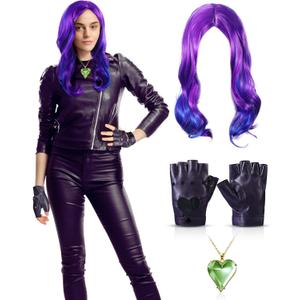 3 Pcs Halloween Costume Accessory Set Includes 16 Inch Purple Wig, Green Heart Necklace, Heart Cutout Punk Gloves for Women Adults Halloween Cosplay Party