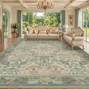 Botanical Sage Rug for Living Room - Washable 10x12 Area Rug for Dining Room Under Table, Extra Large Bedroom - Boho Bird Farmhouse Light Green Decor, Soft Low PileNon-Slip & Stain Resistance