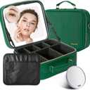 Mocado Travel Makeup Bag with LED Lighted Mirror,Travel Makeup Organizer,Makeup Case with 3 Color Lighted Setting and 10x Magnifying Mirror,Portable Storage and Adjustable Dividers Makeup Box(Green)