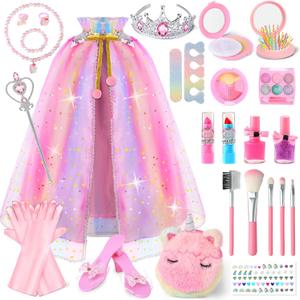 Princess Dress Up Clothes for Girls 3 4 5 6 Years Old, Non-Toxic Kids Makeup Kit, Princess Set Toy Gift for Toddlers Birthday