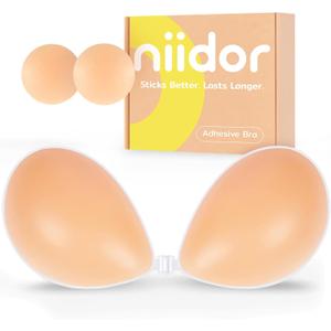 Niidor Adhesive Bra Strapless Ultra Sticky Invisible Push up Silicone Bra Multiple Colors Sizes Reusable for Backless Dress (Creme)