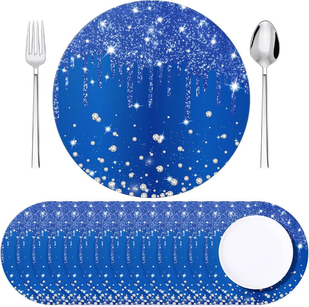 Dispowreath 120 Pieces Blue Paper Placemats 13 Inch Glitter Diamonds Round Disposable Table Mats Decorative Paper Mats for Dining Wedding Birthday Blue Glitter Banquet Party