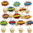 SuperHero Boom Cupcake Toppers - 48 Pack Happy Birthday Cake Decor for Kids Hero Theme Party