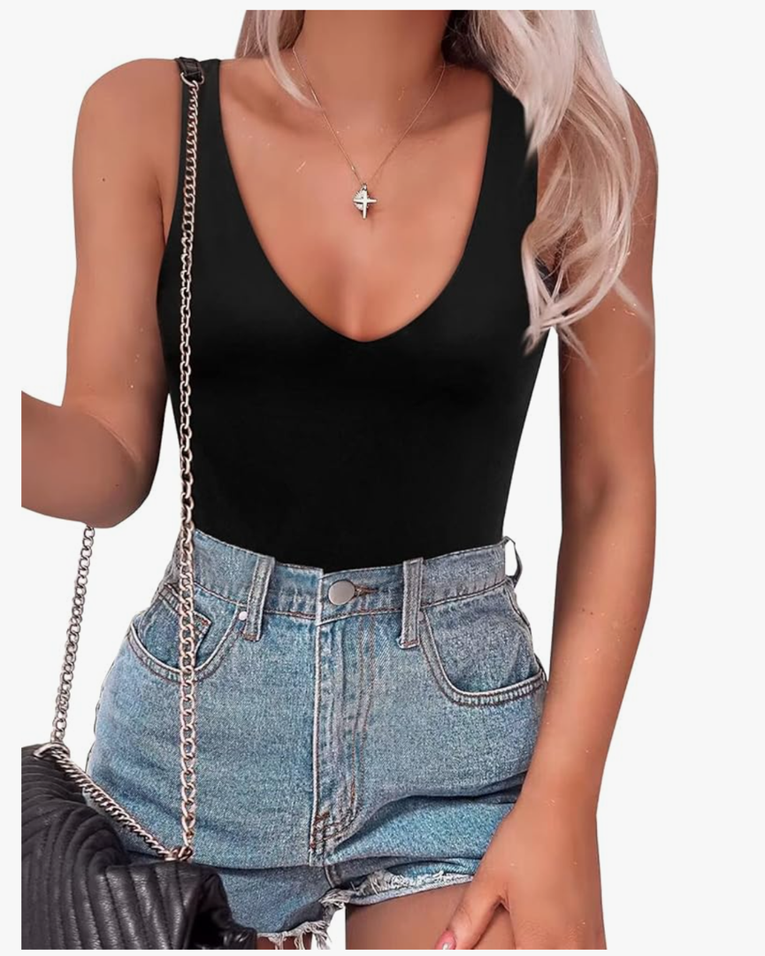 SAUNGKUAI Women’s Bodysuit Sexy Plunge Deep V Neck Backless Sleeveless Tank Thong Body Suits Outfits for Going Out, Size:L