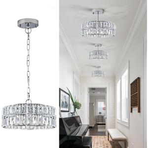 Chrome Crystal Chandeliers, Modern Semi Flush Mount Ceiling Light, Extra Small-12” 4-Light Round Crystal Hanging Pendant Light Fixtures,D12” for Dining Room Entryway Kitchen Hallway