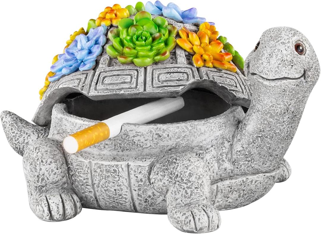 LESES Ashtray, Outdoor Ashtray with Lid Smokeless Waterproof Ash Tray with Cute Turtle Decor, Resin Ashtrays for Cigarettes Home Office, Porch Patio Decorations Indoor (Grey)