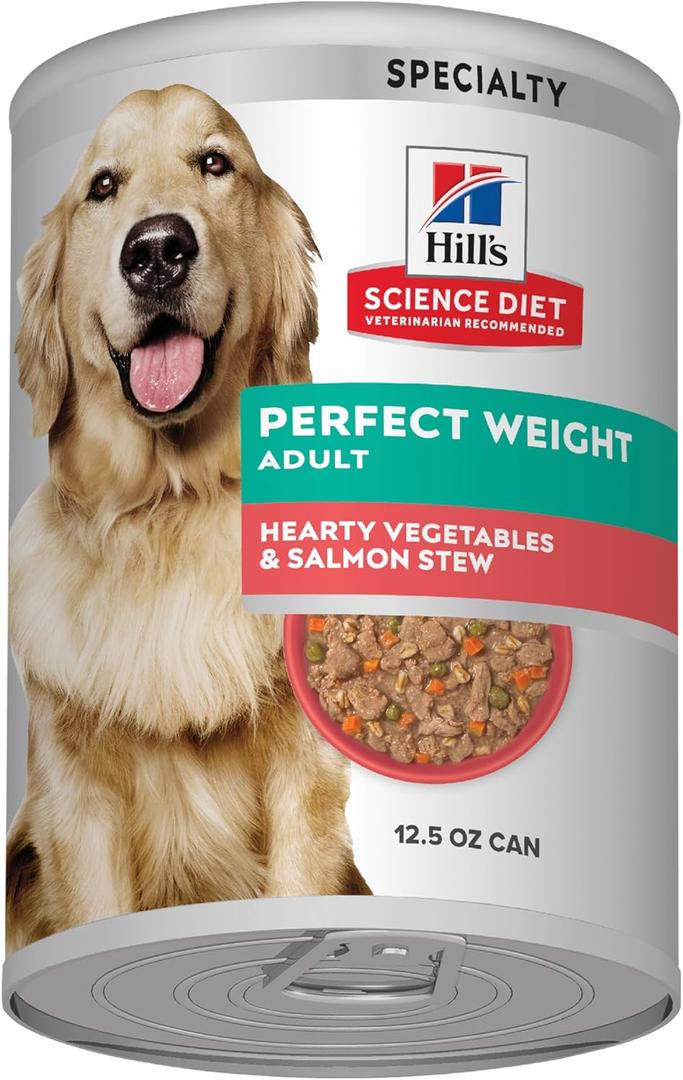 Hill's Science Diet Perfect Weight, Adult 1-6, Weight Management Support, Wet Dog Food, Salmon & Vegetables Stew, 12.5 oz Can, Case of 12, Best By: 02 2027
