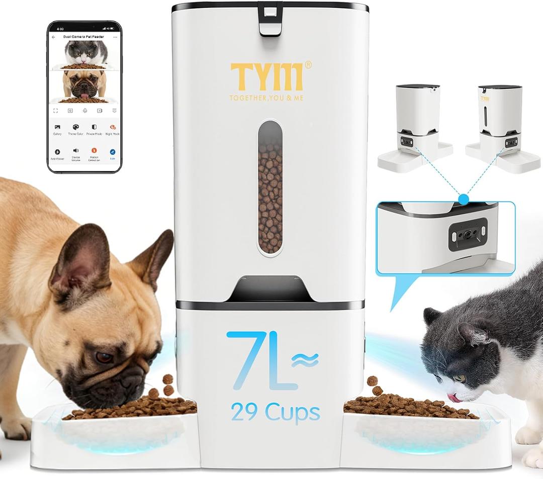 TYM Automatic Cat Feeder with 2 Camera for 2 Cats,7L Dog Automatic Feeder with Night Vision 2K 4MP 5G WiFi Dual Cat Feeder with Smart App Two Way Audio Privacy Masking Stainless Steel
