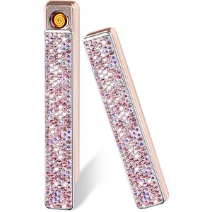 Electric Lighter, Windproof Flameless Bling Lighters - Type-C Rechargeable, Pull-Out Ignition with Thickened Tungsten, Rhinestone Decorative Design, Gift for Women & Girls (Pink)
