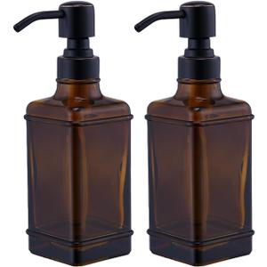 Soap Dispenser 2 Pack, Hand Soap Dispensers with 10 Oz Antique Design Thick Amber Glass Bottle, 304 Rust Proof Stainless Steel Oil Rubbed Bronze Pump, 6Pcs Stickers, for Lotion, Soap