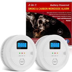 Smoke and Carbon Monoxide Detector - Battery Powered Monoxide Alarm with Dual Sensor and Digital Display, Portable Fire and CO Warning Light Indicators for Kitchen Home (No Battery) 2 Pack