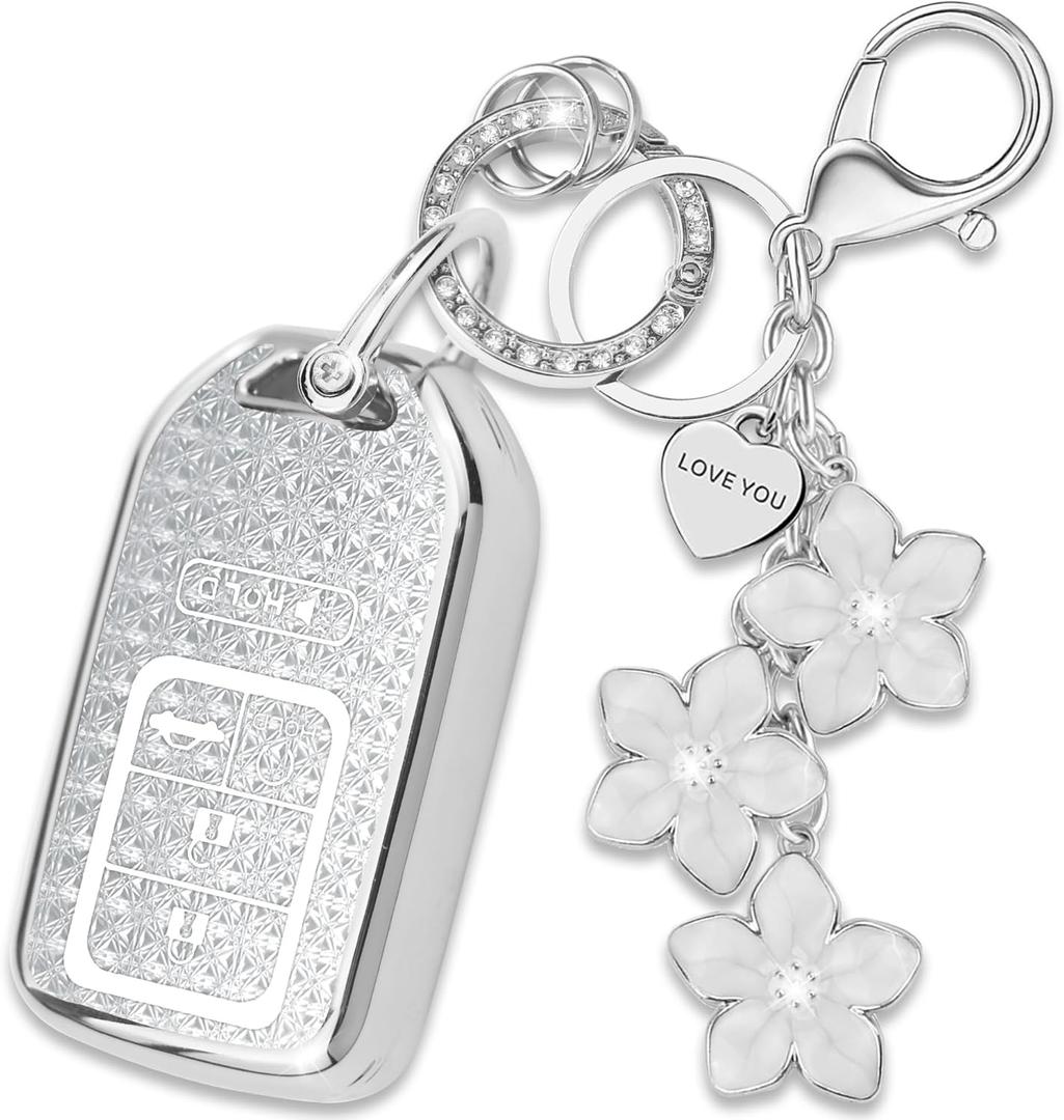 Silver TPU Key Fob Cover with Sakura Flower Keychain Compatible with Honda Accord Civic CR-V Pilot Passport Insight CR-Z HR-V Fit JED Spirior Odyssey Ridgeline 5-Button Smart Key for Women