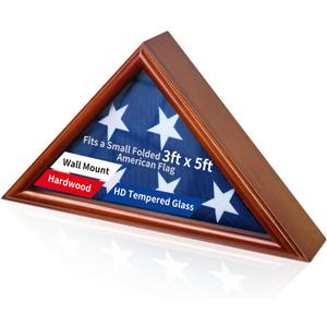 Wooden Flag Box Display Case for Small 3'x5' Folded American Flag (Not fit 9.5'x5' Burial Flag), Military Veteran Flag Shadow Box with HD Tempered Glass, Wall Mounted Triangle Flag Frame, Brown Finish