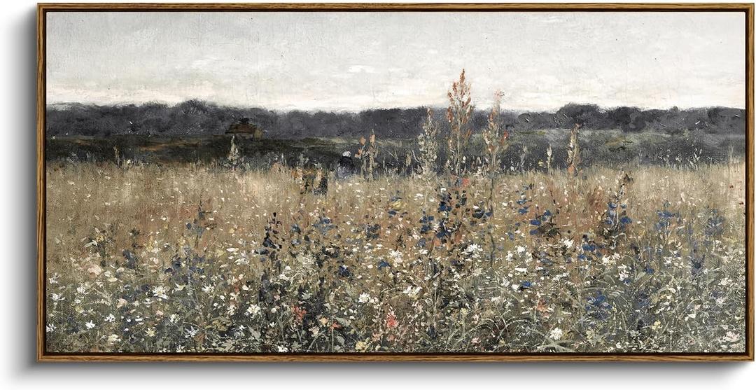 InSimSea Extra Large Framed Vintage Wall Art, Living Room Country Farmhouse Decor, Flower Meadow Landscape Paintings, Canvas Prints, Retro Scenery Long Pictures for Bedroom Above of Bed,20x40inch (Champ Fleuri)