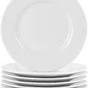 bestone 8 Inch Porcelain White Salad Plates Set, Porcelain Dessert/ Salad Plate，Classic Round with Wide Rim, Lead-Free, Dishwasher, Microwave, Freezer, Oven Safe, for Everyday Use-Set of 6