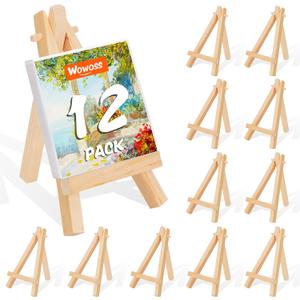 WOWOSS 12 Pack 5" Mini Wood Display Easel, Natural Wooden Tripod Holder Stand for Displaying Small Canvases, Business Cards, Photos