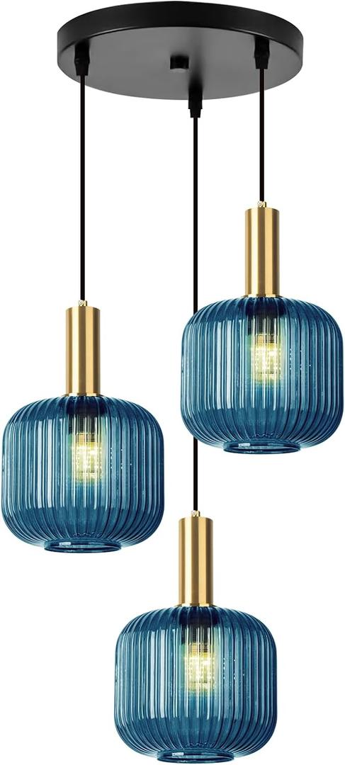 3-Light Blue Glass Pendant Light Kitchen Island Chandelier
Farmhouse Adjustable Hanging Chandelier with Blue Striped Glass Shades for Kitchen Island, Dining Room, Bedroom