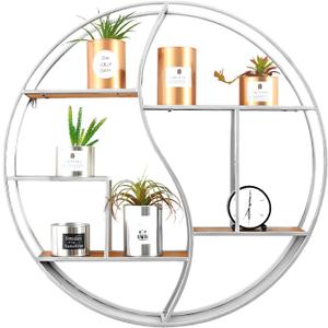 Round Wall Shelf,24 inch Metal Circle Shelf Wood Floating Shelves,Rustic Silver Wall Mounted Display Organizer Shelf for Fireplace,Living Room,Bathroom, Large