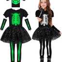 AOTHSO Halloween Girls Glow In The Dark Skeleton Costume Tutu Onesie Dress Sleeves Leggings Face Cover Hair Clips for Kids (XX-Large, Black)