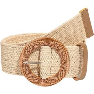 Verdusa Women's Western Belt Cowgirl Boho Straw Belts Round Buckle Elastic Waist Belt (Medium Beige)