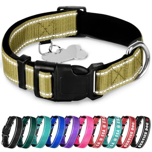 TECEUM Reflective Dog Collar – Olive – S – Extra Soft Padding – Basic Nylon Pet Collar – Quick Release Buckle – Fits Small, Medium and Large Dogs, Puppies, Cats – ESA & Service Dog Options
