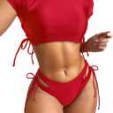 Lilosy Drawstring Bikini Set Srting Swimsuit Short Sleeve Top and Tie Side Bottom 2 Piece (Red, M)
