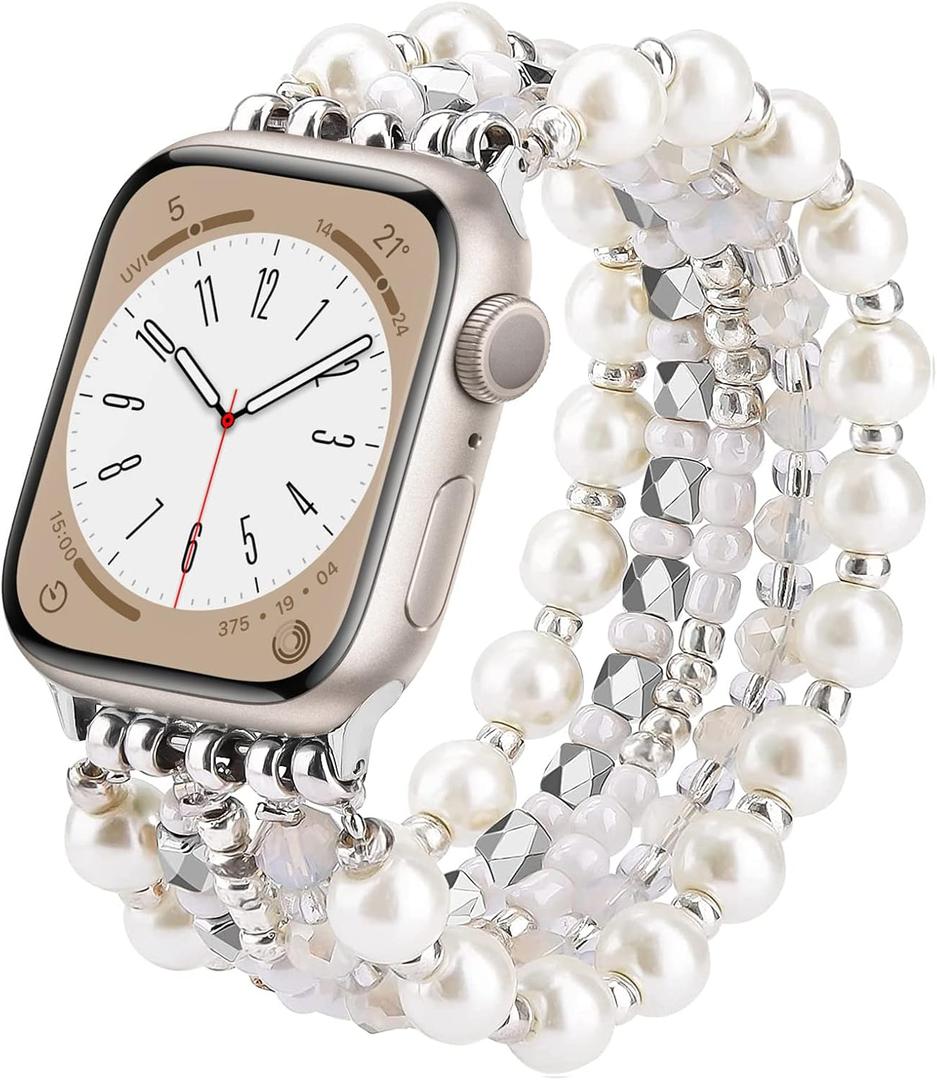 VISOOM Beaded Bracelet Compatible for Apple Watch Band 40mm/38mm/41mm/42mm Series 10 9 8 7 SE Series 6/5/4 Women Fashion Cute Handmade Stretchy Watch Strap for iWatch Bands Series 3/2/1 (Perl Sliver)