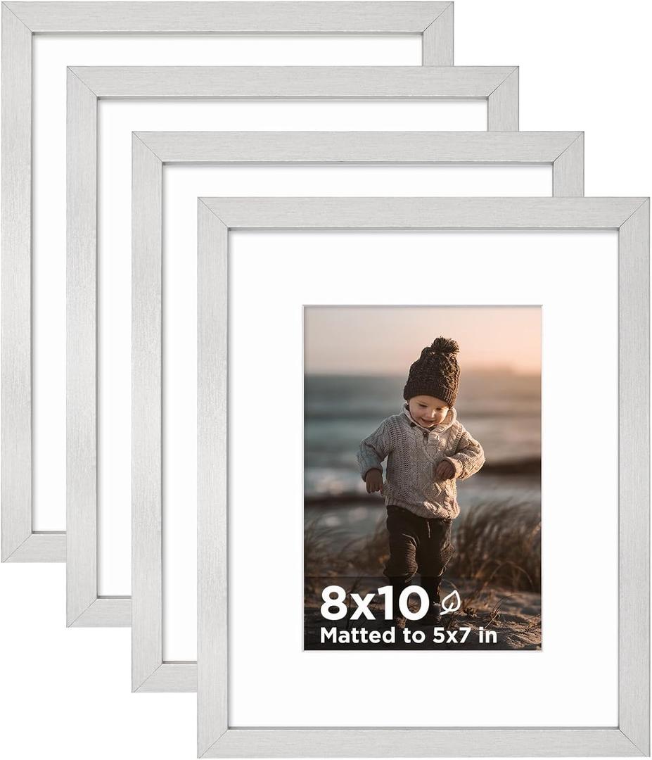 KINLINK 8x10 Picture Frame Silver Set of 4, Wooden Photo Frames Matted 5x7 with Plexiglass for 5x7 with Mat or 8x10 without Mat for Table and Wall Display
