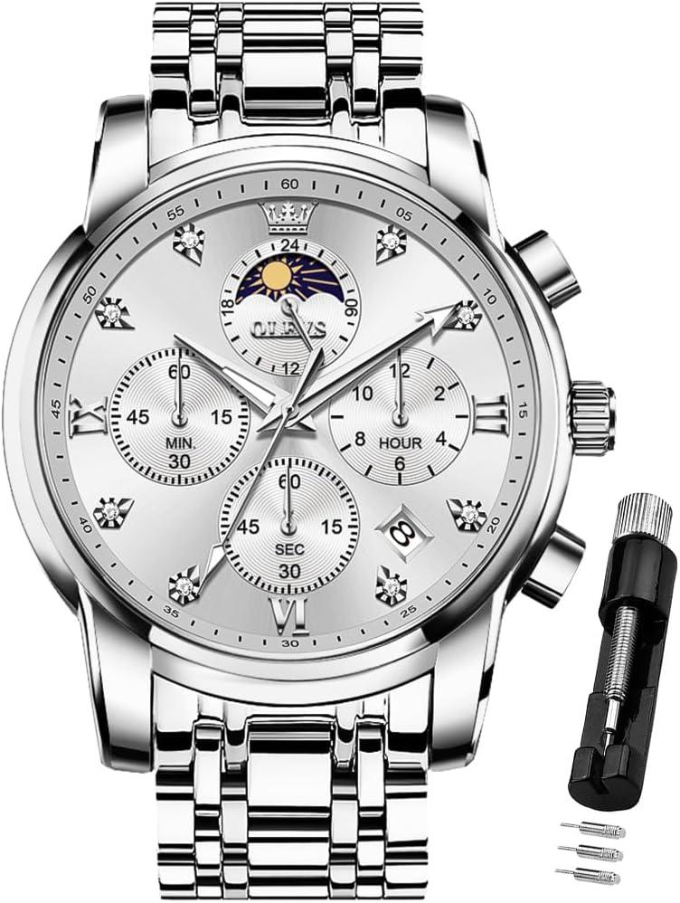 OLEVS Watch for Men Diamond Business Dress Analog Quartz Stainless Steel Waterproof Luminous Date Two Tone Luxury Casual Wrist Watch Blue (Silver watch 3655)