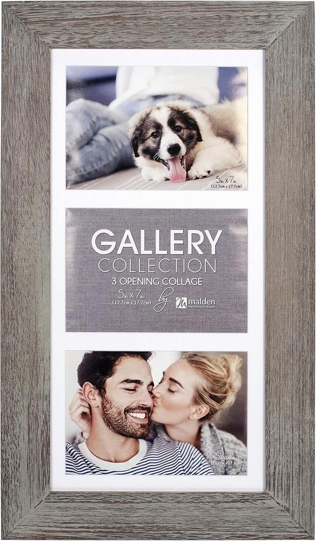 Malden International Designs Manhattan Distressed Mat Picture Frame, 3 Option, 3-5x7 , Gray