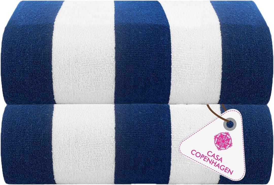 CASA COPENHAGEN Cabana Towels 2Pcs Cobalt Blue Designer Stripe Beach Bathsheet Towels Gift Set, 35"x70" Oversized 100% Cotton Pool Bath Sheet Gift Set (Perfect Summer Gift Set for Women & Men)