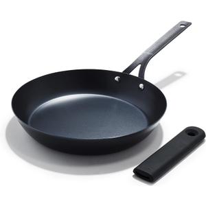 OXO Obsidian Pre-Seasoned Carbon Steel, 12" Frying Pan Skillet with Removable Silicone Handle Holder, Induction, Oven Safe, Black