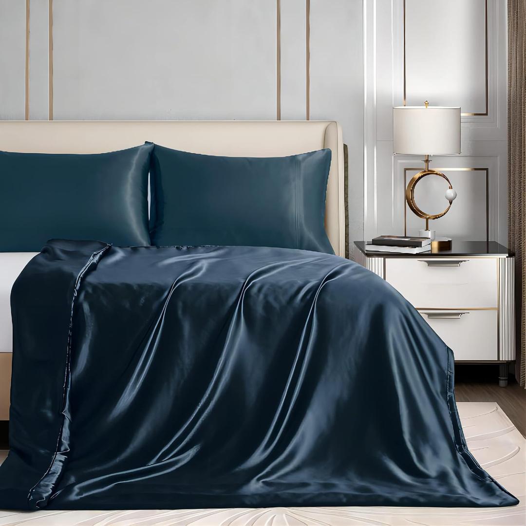 Homiest 48"x72" Weighted Blanket Cover, Deep Sea Blue Satin With 8 Ties, Silky & Removable Zippered Twin Duvet for Adults