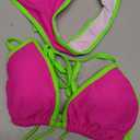 Tainehs Women's Sexy Halter Thong Bikini Tie Two Sides Bottom Triangle Bikini Swimsuits (Hot Pink-green, Small)