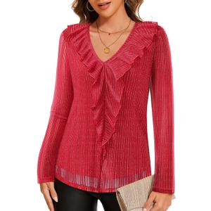 Gaharu Women's Dressy Blouses Long Sleeve Ruffle Shirts Casual Loose Fit Mesh Double Layers Flowy Tunic Tops (Red)