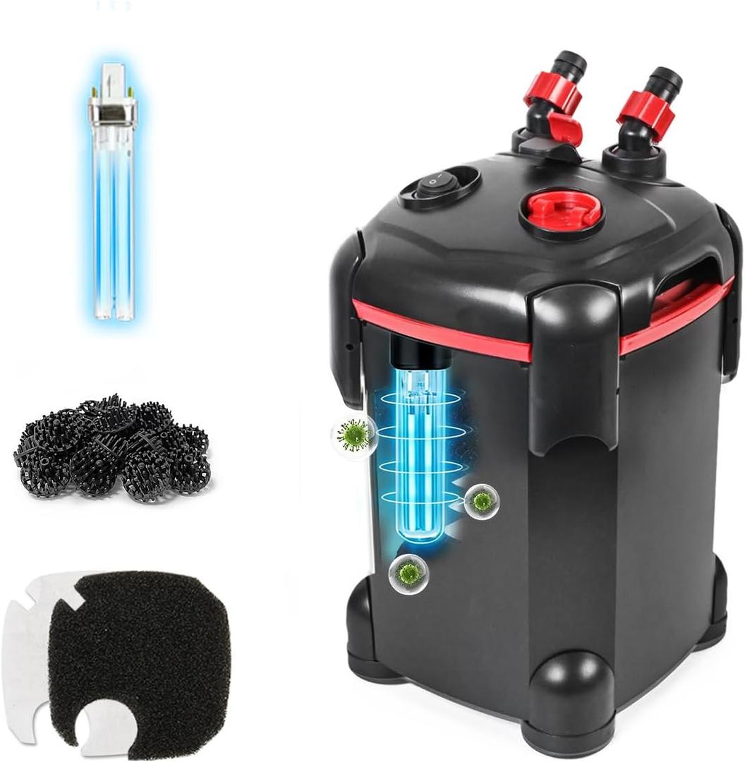 PONDFORSE Canister Filter, External Aquarium Filter Ultra-Quiet Water Circulation Cleaning Machine with Media for Fish Tanks and Aquariums (Medium, Black)