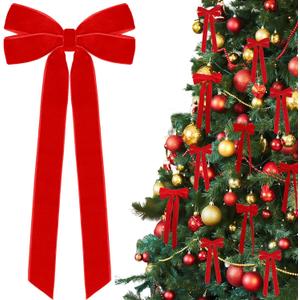 12Pcs Red Velvet Ribbon Bows Christmas Tree Decorations, 5in x 10in Xmas Ornaments for Tree Home Party Front Door Wreath Holiday Decor