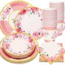 JarThenaAMCS Spring Mother's Day Floral Tea Party Supplies Serve 24 Pink Flower Disposable Paper 7 & 9 Inch Plates Napkins 9oz Teacup with Handle Total 120 Pcs for Wedding Bridal Shower Dinnerware
